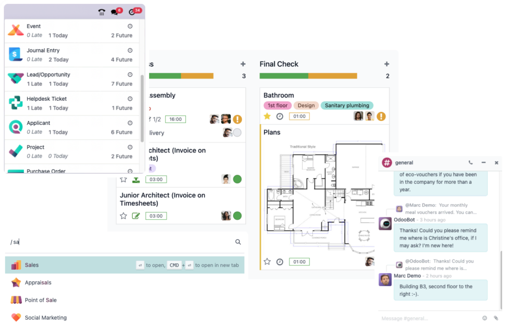 Odoo-Oberfläche: Aktivitäten aus mehreren Apps, Projekt-Kanban, Chat und Befehlspalette in einem System