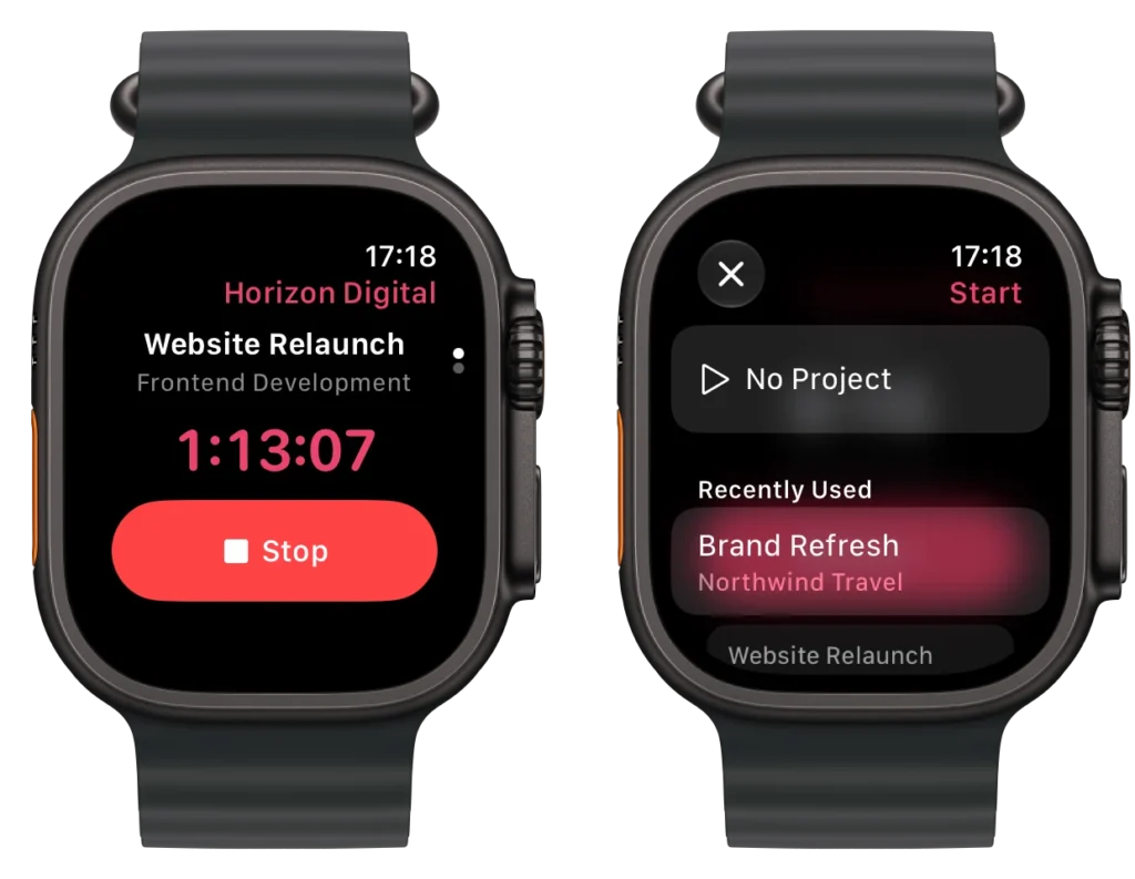 Let’s Doo Track auf der Apple Watch: der laufende Timer mit Stopp-Knopf und der Start mit zuletzt verwendeten Projekten