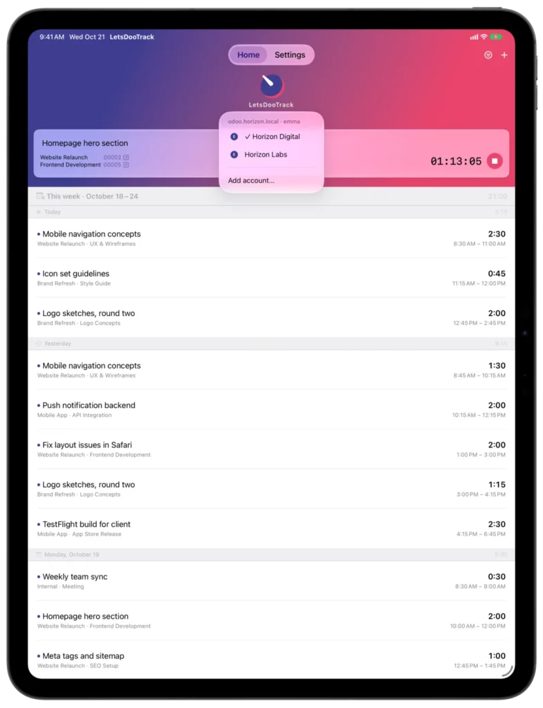 Let’s Doo Track auf dem iPad: Wechsel zwischen zwei Odoo-Konten