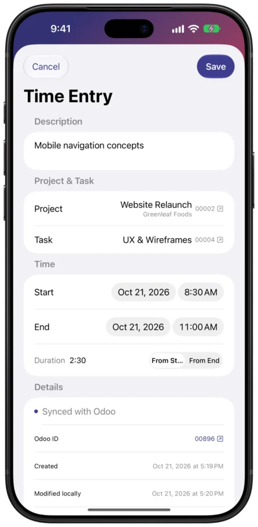 Let’s Doo Track auf dem iPhone: ein Zeiteintrag mit Projekt, Aufgabe und Abgleich mit Odoo