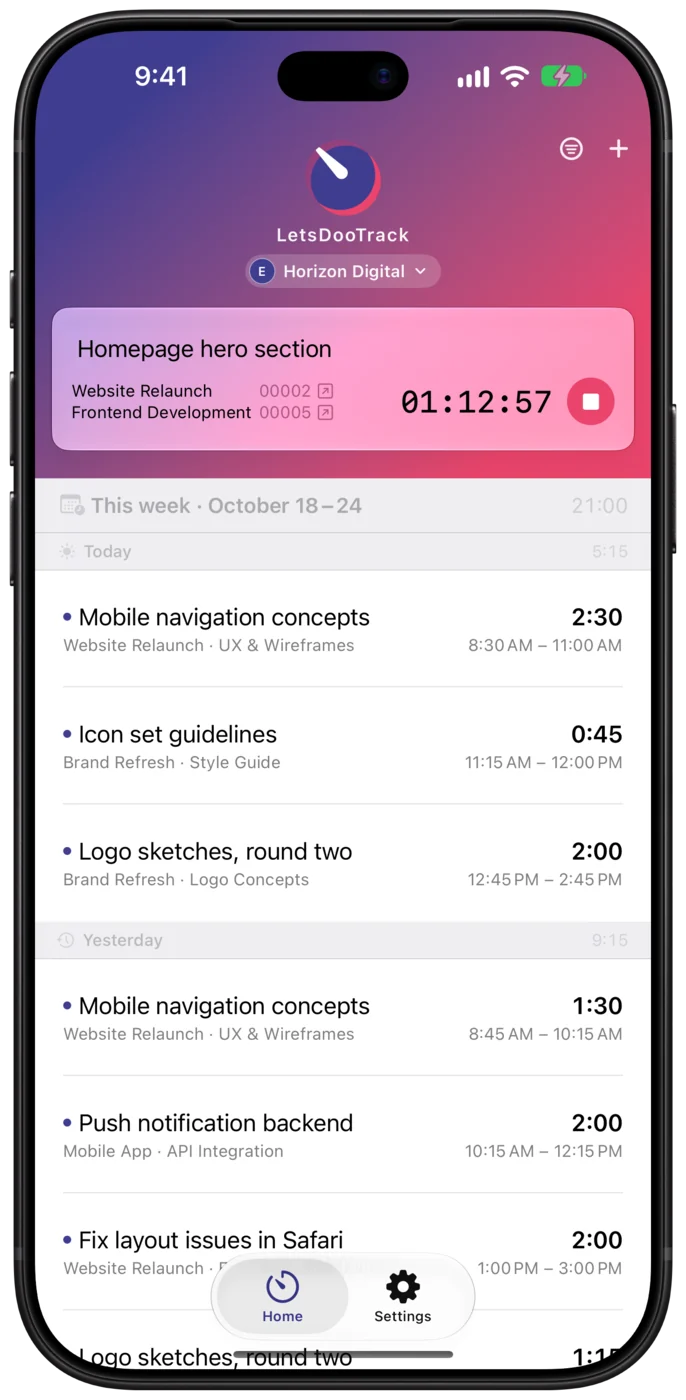 Let’s Doo Track auf dem iPhone: der laufende Timer über den Einträgen der Woche