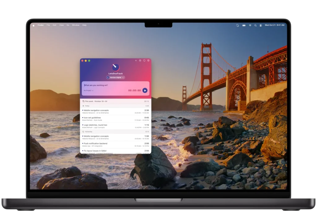 Let’s Doo Track auf dem Mac: das Fenster mit dem Timer und den Einträgen der Woche