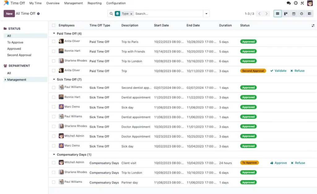 Screenshot der Odoo-App Abwesenheiten