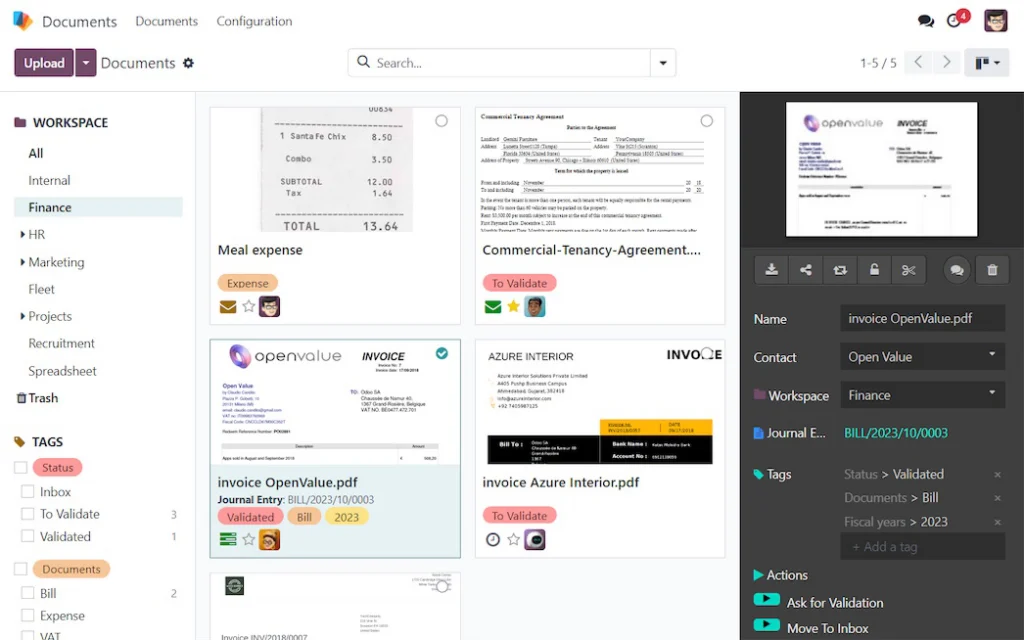 Screenshot der Odoo-App Dokumente