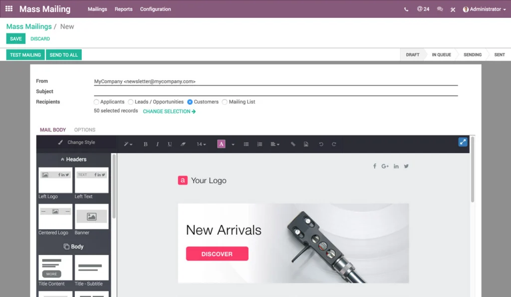 Screenshot der Odoo-App E-Mail-Marketing