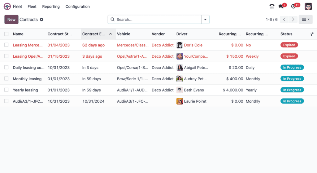 Screenshot der Odoo-App Fuhrpark