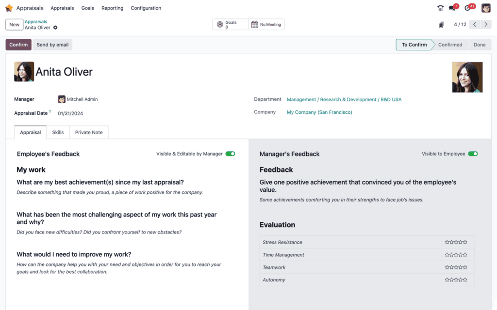 Screenshot der Odoo-App Mitarbeiterbeurteilung