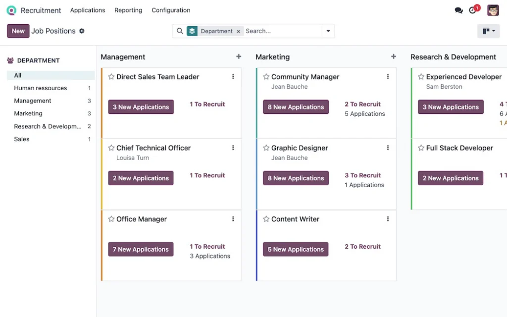 Screenshot der Odoo-App Personalbeschaffung