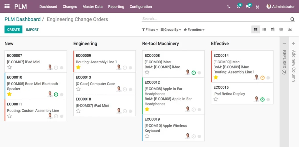 Screenshot der Odoo-App PLM
