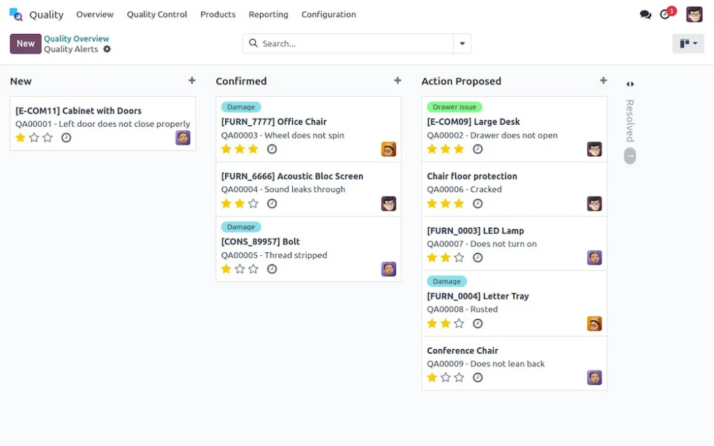 Screenshot der Odoo-App Qualität
