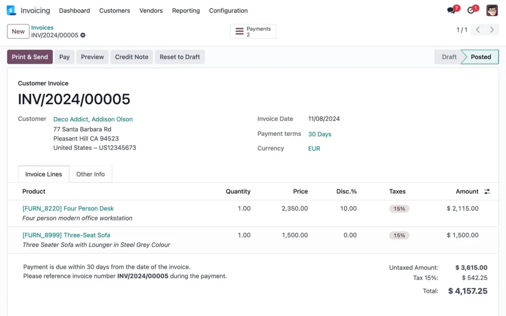 Screenshot der Odoo-App Rechnungsstellung