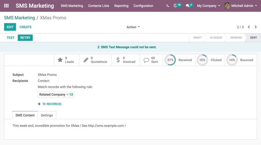 Screenshot der Odoo-App SMS-Marketing