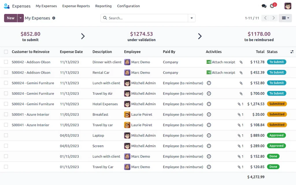 Screenshot der Odoo-App Spesenabrechnung