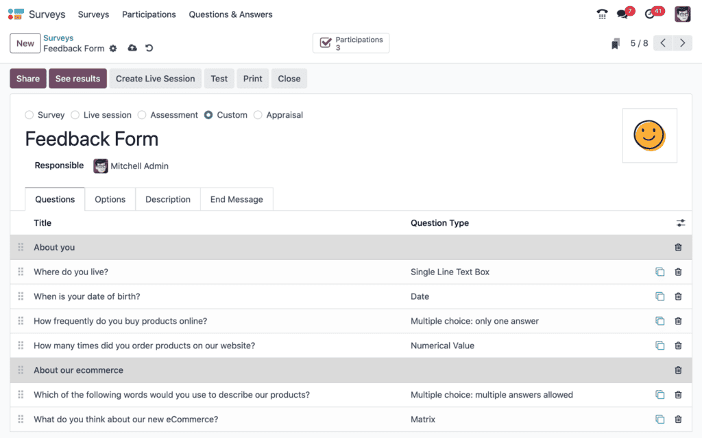 Screenshot der Odoo-App Umfragen