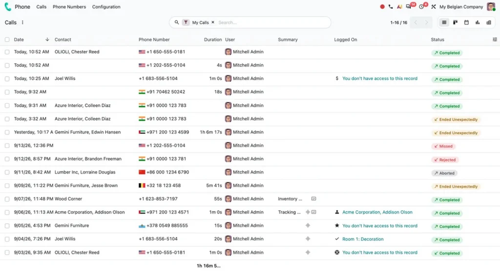 Screenshot der Odoo-App VoIP