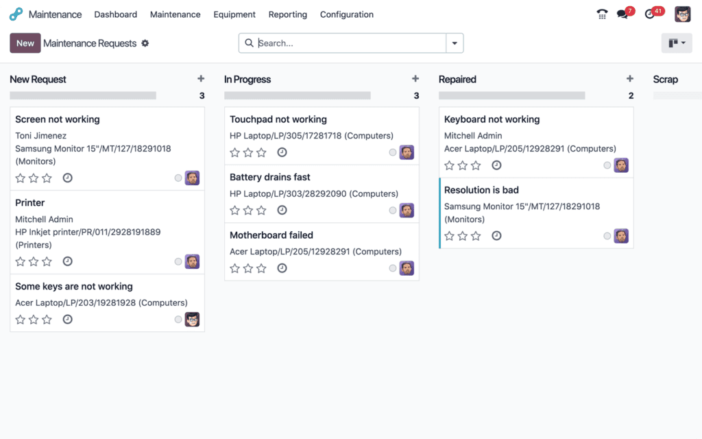 Screenshot der Odoo-App Wartung