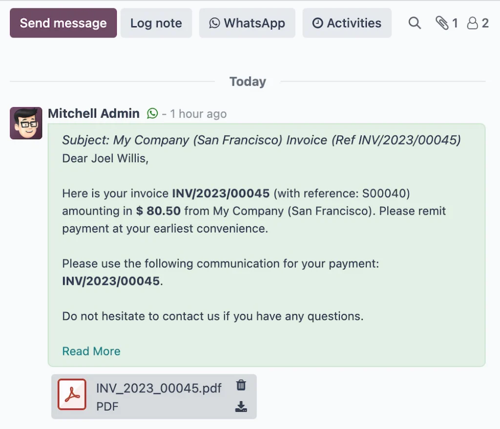 Screenshot der Odoo-App WhatsApp