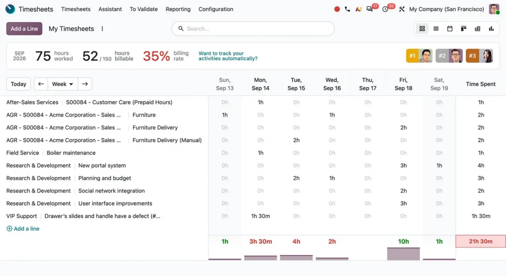 Screenshot der Odoo-App Zeiterfassung